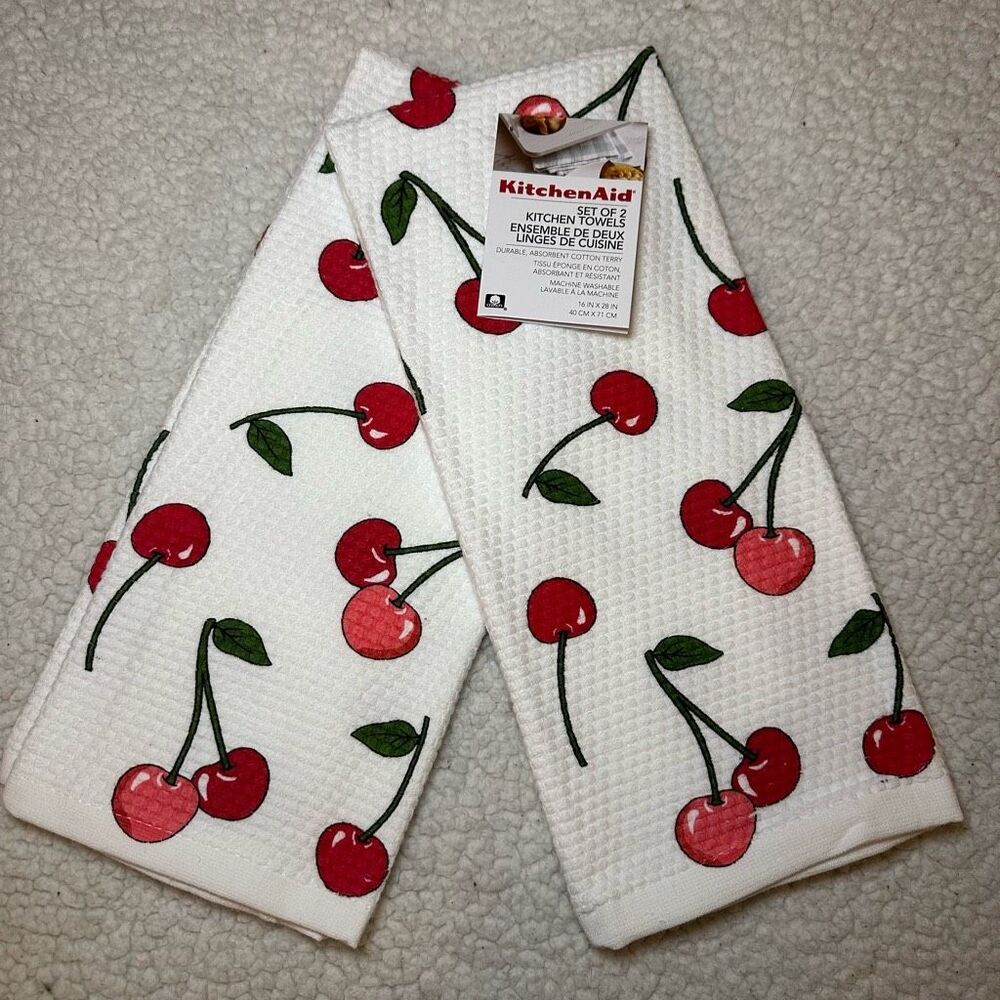 KitchenAid Cherry Pattern Kitchen Dish Towel Set of 2 NWT
